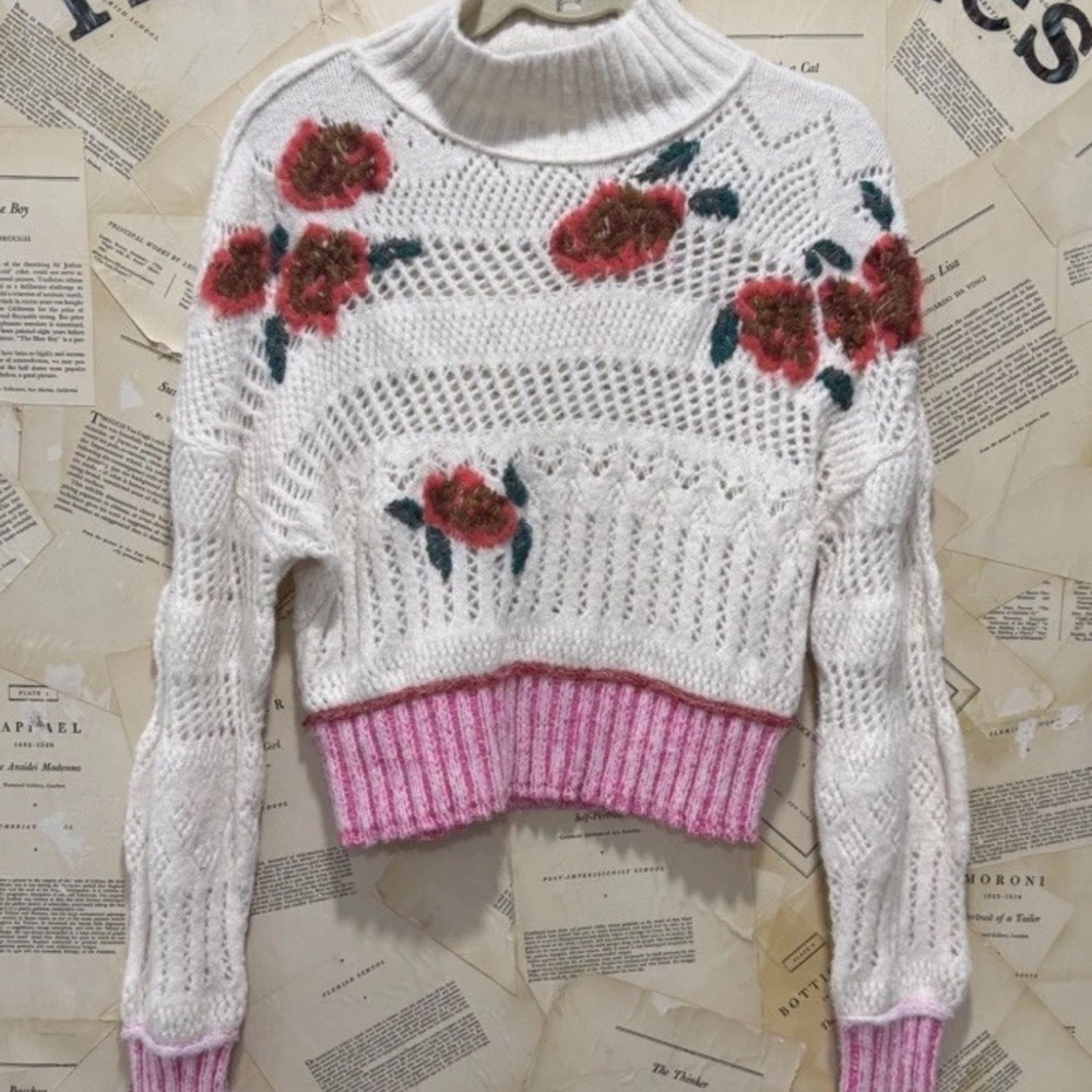 Free People Inge Pullover Sweater Floral Knit Crop Rib Trim Ivory Rose Combo - Picture 5 of 6